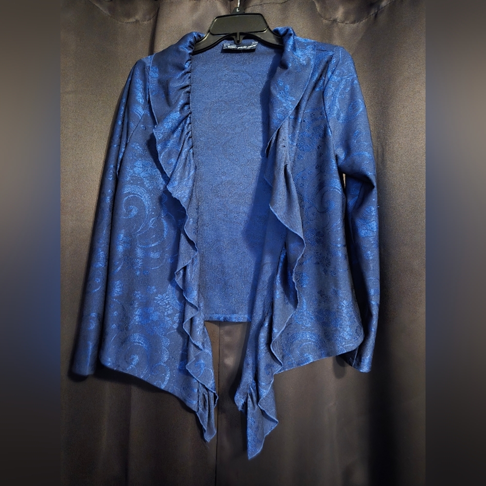 Susan Graver Blue Jacquard Waterfall Cardigan | Draped Open Front | Size L